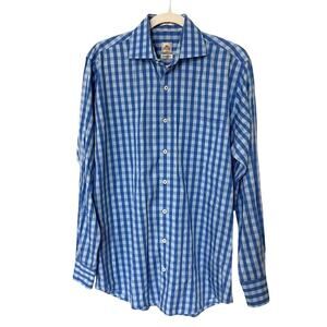 Peter Millar Seaside Finish Button Up Shirt Size Medium Checkered Blue Plaid